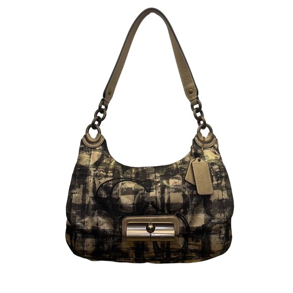 Coach Womens Black/Gold Canvas Abstract Siganture Print Crossbody Hobo Bag - Picture 1 of 15